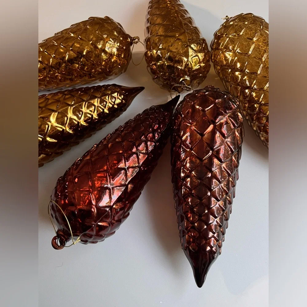 ▪️6 VINTAGE LARGE BLOWN BRONCE AMBER GLASS ORNAMENT PINE CONE